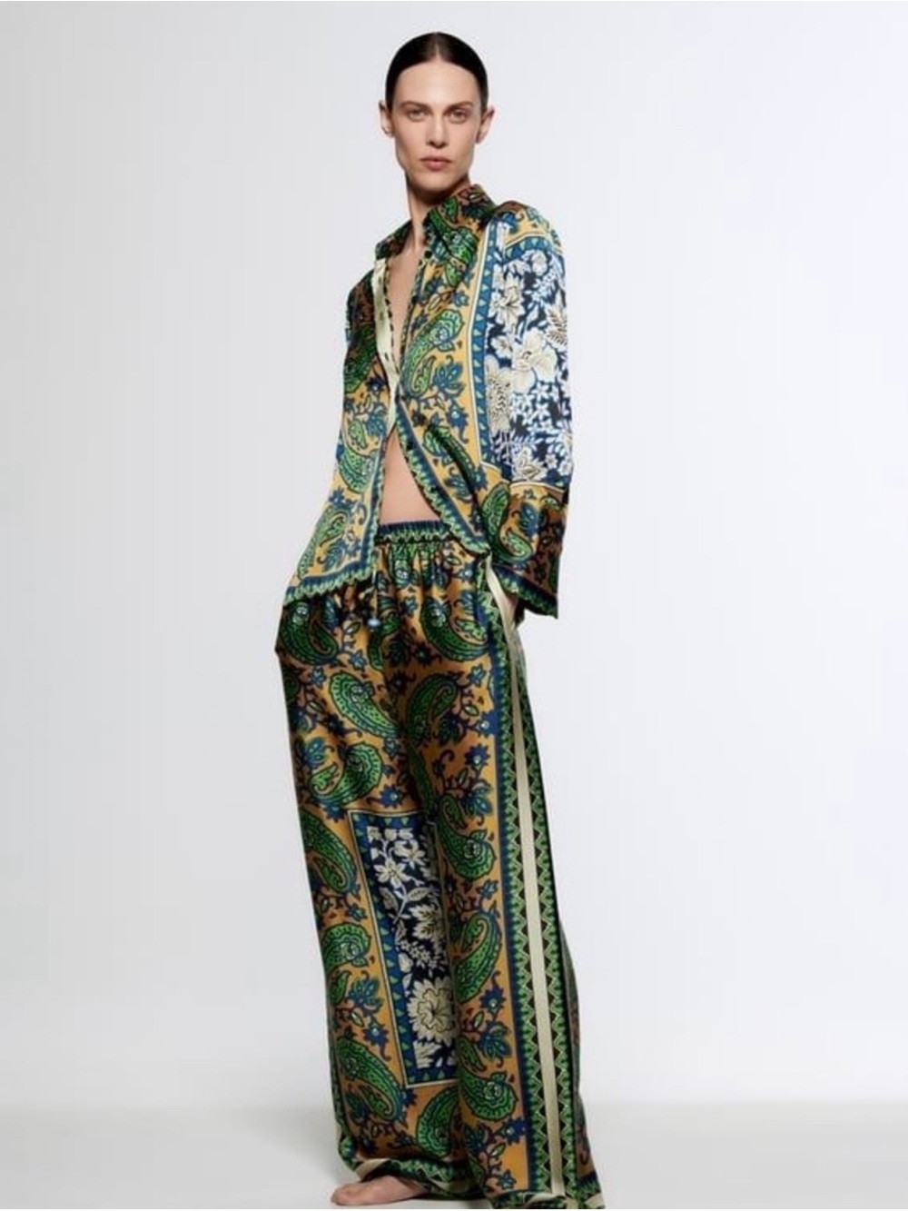 Zara Green and Gold Paisley Wide-Leg Satin Pants
